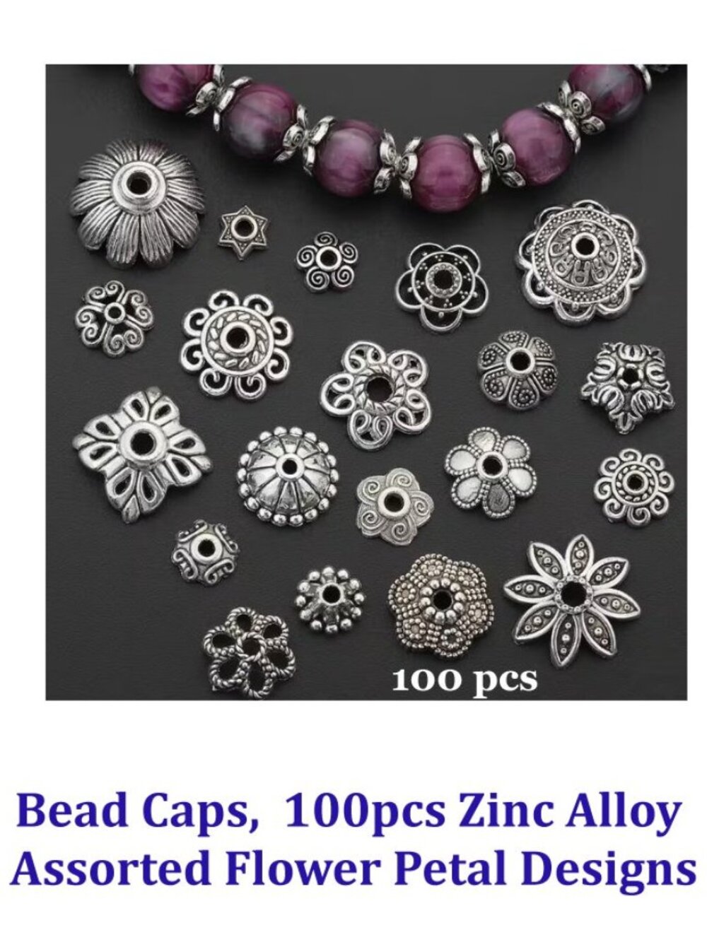  100pcs Zinc Alloy Bead Caps, Assorted Flower Petal Designs